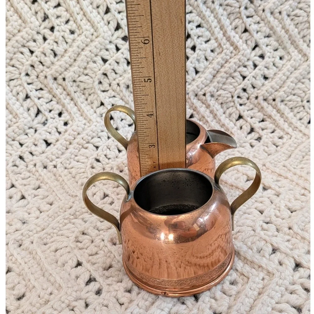 Vintage Copper Cream and Sugar Set Brass Handles‎ Etched Detail 2.5 inch